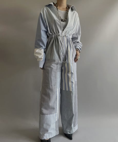 【RE;CIRCLE】 RE Patchwork Strip Shirt Jump Suits/ 230824-009