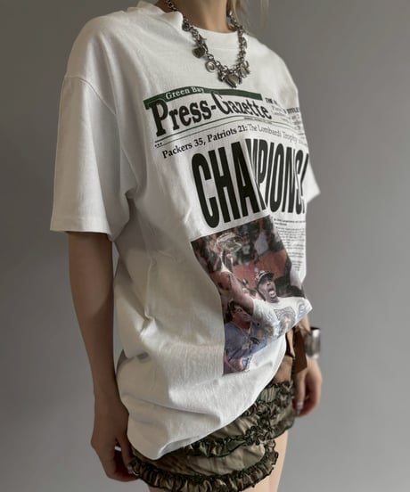 【USED】 97's Hanes American Football Newspaper T-Shirt / 260607-008