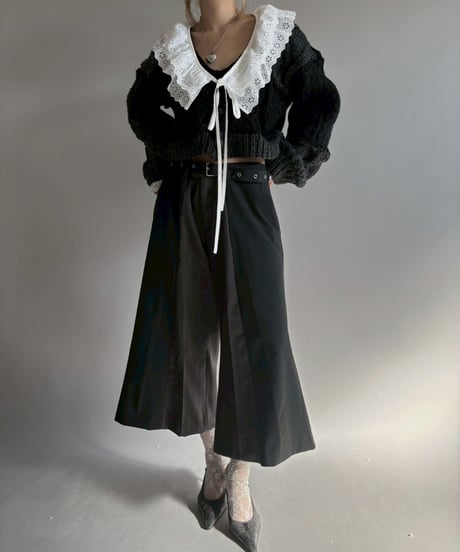 【RE;CIRCLE】 RE Aran Knit Patchwork Lace Collar Cardigan / Black × Charcoal / 251106-003