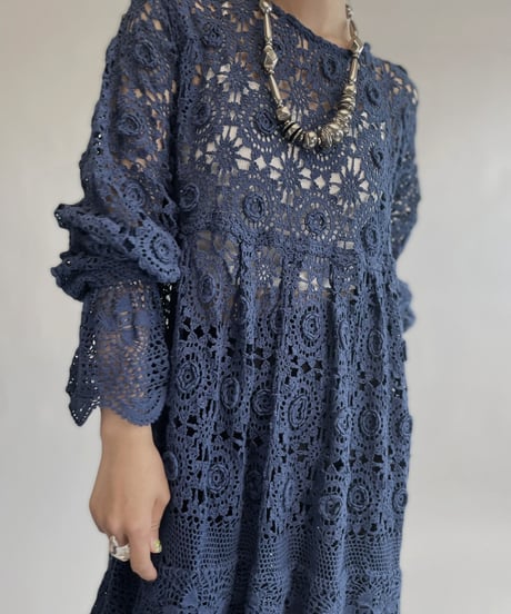 【RE;CIRCLE】 RE Crochet Lace One-piece Navy / 220818-007
