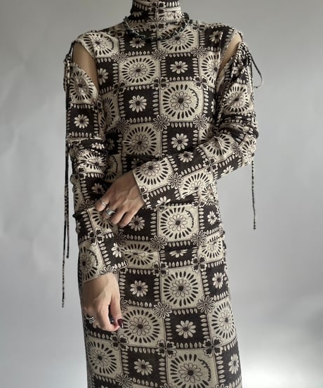 【USED】 Flower Patterned Sleeve Convertible Tight Long One-Piece /241130-003