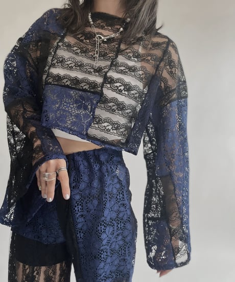 【RE;CIRCLE】 RE Lace Blue&Black Patchwork Top / 220728-031
