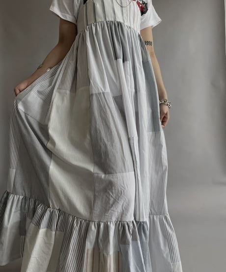 【RE;CIRCLE】 RE Patchwork Strip Shirt One-Piece / 230608-013