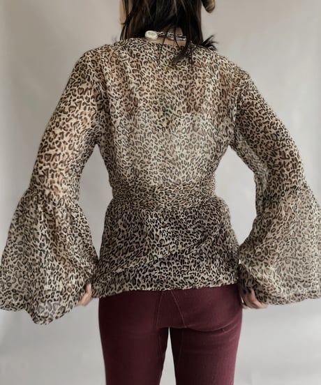 【USED】 Leopard Flare Sleeve Sheer Top / 230617-022