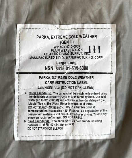 【USED】 U.S Army ECWCS Level7 Primaloft Parka Large-Long DJ MANUFACTURING / 260126-001