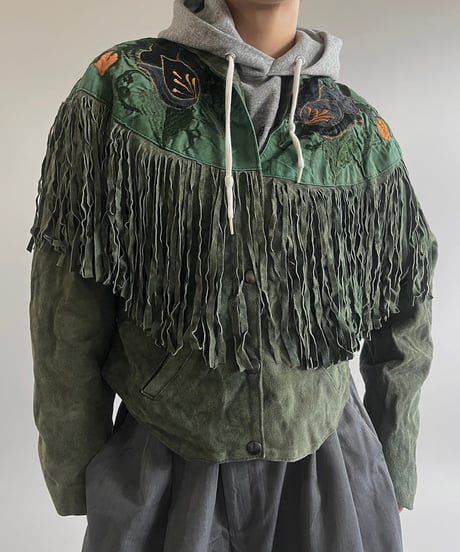 【USED】 Flower Embroidery Suede Fringe Jacket /250301-007