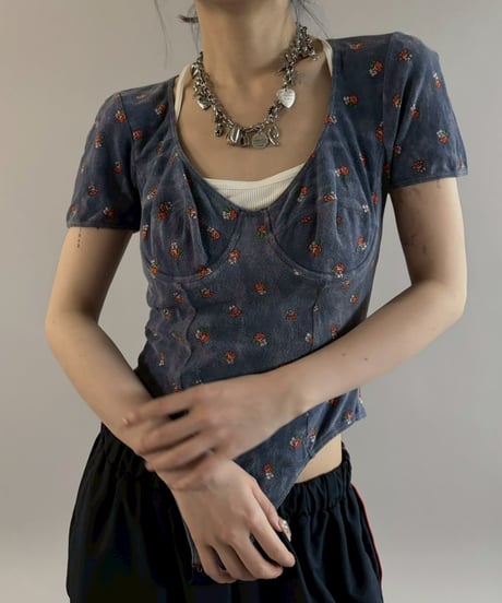 【USED】 S/S Flower Pattern Velour Leotard Top / 260307-012