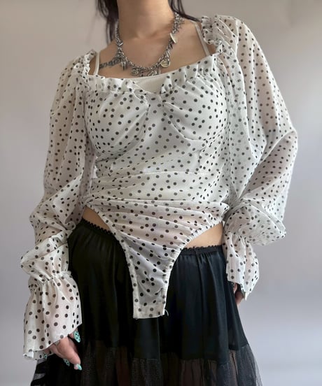 【USED】 Dot Pattern Puff Sleeve Sheer Leotard Top/ 260404-014