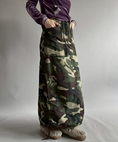 【USED】 Made in USA Camouflage Nylon Drawstring Skirt / 251206-020