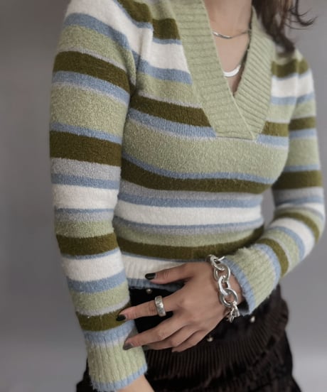 【USED】  The Great American Sweater Co. Stripped V-neck Sweater / 221015-030