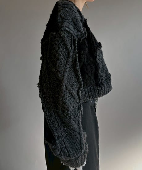 【RE;CIRCLE】 RE Aran Knit Patchwork Lace Collar Cardigan / Black × Charcoal / 251106-003