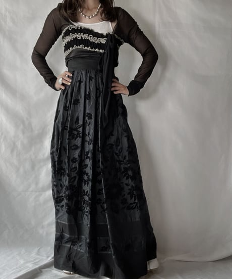 【USED】 Flower Patterned Poly Long Skirt/210921-032