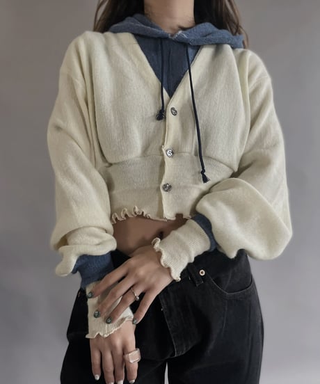 【RE;CIRCLE】 RE Acrylic Knit Cardigan + Hoodie White × Blue / 230220-001