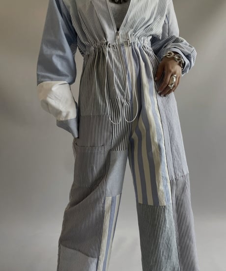 【RE;CIRCLE】 RE Patchwork Strip Shirt Jump Suits/ 230824-009