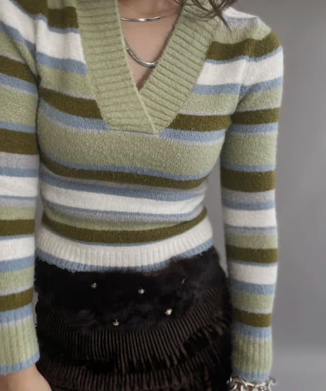 【USED】  The Great American Sweater Co. Stripped V-neck Sweater / 221015-030