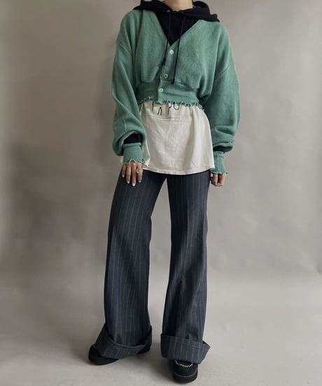 【RE;CIRCLE】 RE Acrylic Knit Cardigan + Hoodie Green × Navy / 230220-009