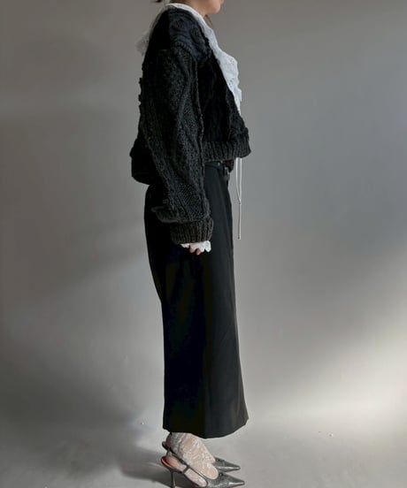 【RE;CIRCLE】 RE Aran Knit Patchwork Lace Collar Cardigan / Black × Charcoal / 251106-003