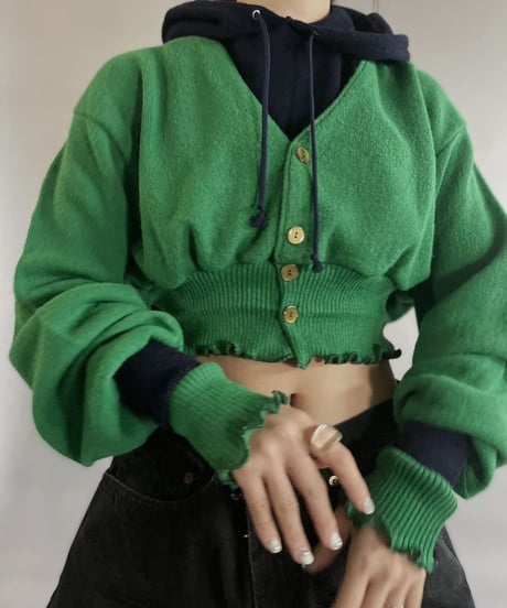 【RE;CIRCLE】 RE Acrylic Knit Cardigan + Hoodie Green × Navy / 230220-005