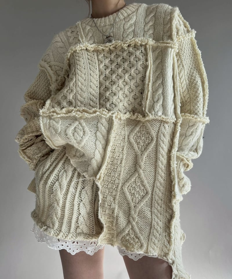 RE;CIRCLE】 RE Aran Knit Patchwork Pullover Top