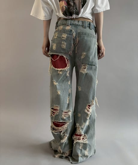 【USED】 dirty punk Damage Denim Layered Pants /260607-017