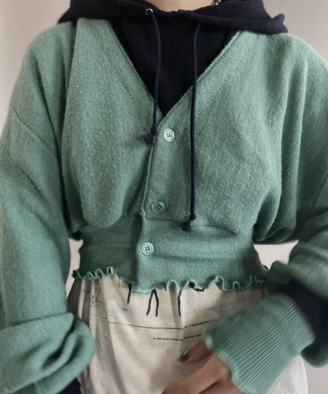 【RE;CIRCLE】 RE Acrylic Knit Cardigan + Hoodie Green × Navy / 230220-009