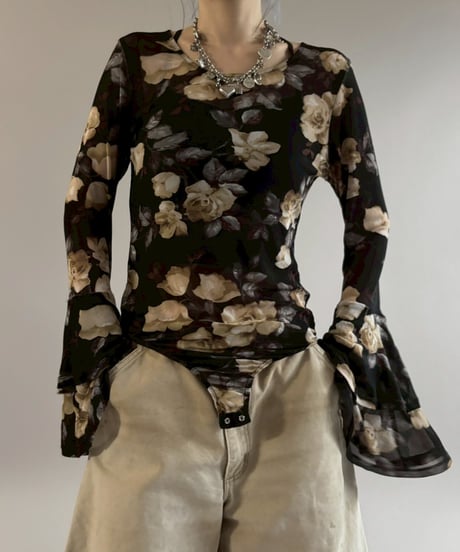【USED】 Flower Pattern Sheer Leotard Top / 260307-025