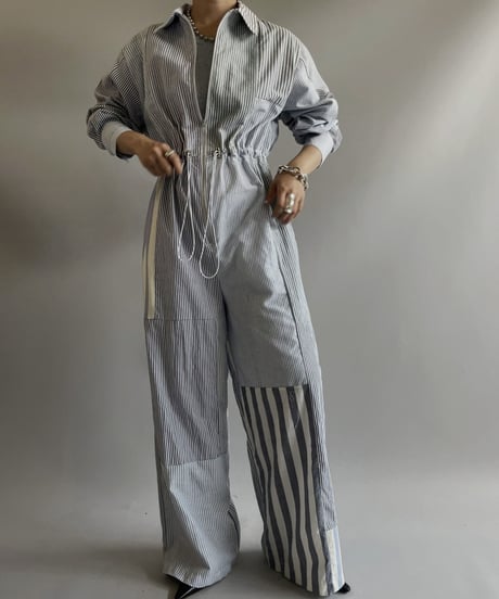 【RE;CIRCLE】 RE Patchwork Strip Shirt Jump Suits/ 230824-010