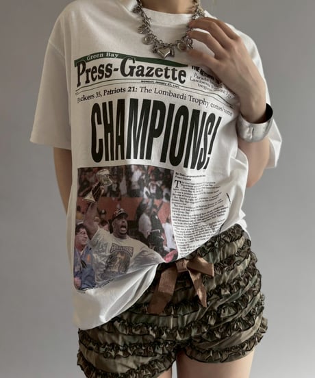 【USED】 97's Hanes American Football Newspaper T-Shirt / 260607-008