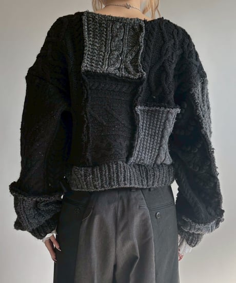 【RE;CIRCLE】 RE Aran Knit Patchwork Lace Collar Cardigan / Black × Charcoal / 251106-003