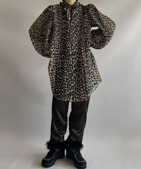 【USED】 GANNI Leopard Patterned Puff Sleeve Pleats Top / 230923-008