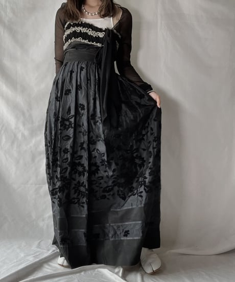 【USED】 Flower Patterned Poly Long Skirt/210921-032