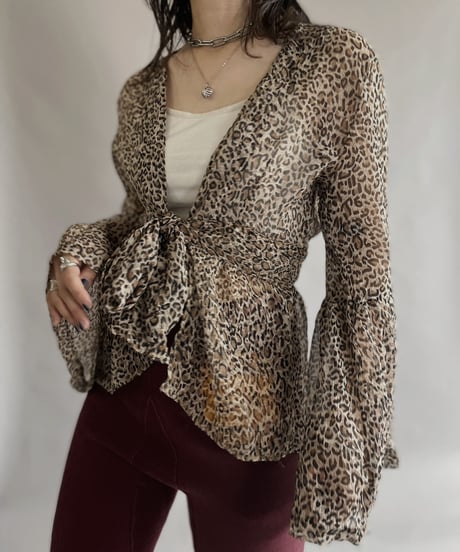 【USED】 Leopard Flare Sleeve Sheer Top / 230617-022