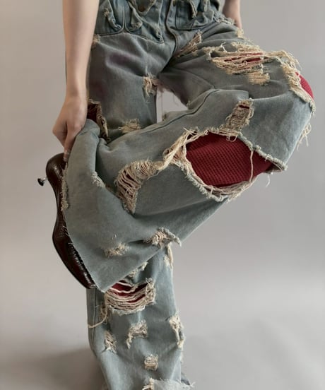 【USED】 dirty punk Damage Denim Layered Pants /260607-017