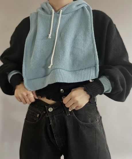 【RE;CIRCLE】 RE Acrylic Knit Cardigan + Hoodie Black × Light Blue / 230220-003