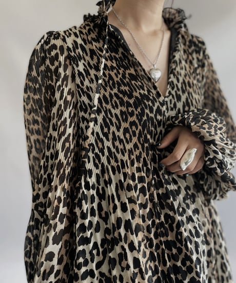 【USED】 GANNI Leopard Patterned Puff Sleeve Pleats Top / 230923-008