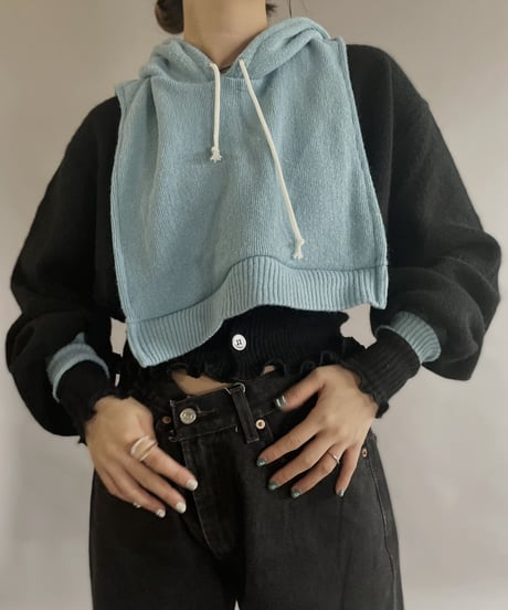 【RE;CIRCLE】 RE Acrylic Knit Cardigan + Hoodie Black × Light Blue / 230220-003