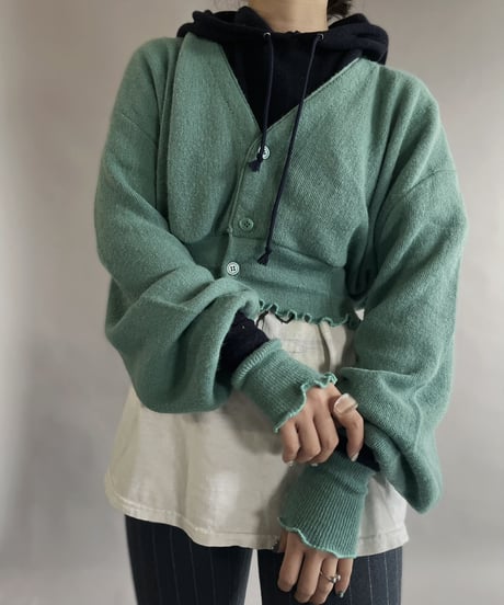 【RE;CIRCLE】 RE Acrylic Knit Cardigan + Hoodie Green × Navy / 230220-009