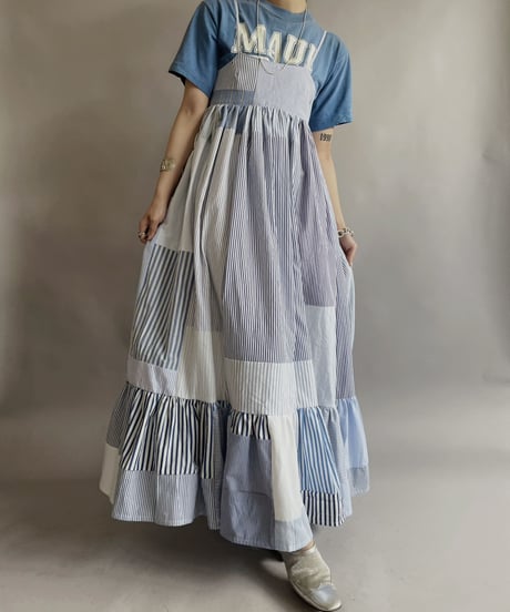 【RE;CIRCLE】 RE Patchwork Strip Shirt One-Piece / 230608-017