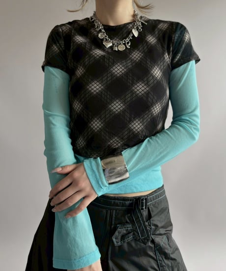 【USED】 Check Pattern H/S Sheer Top / 260425-006