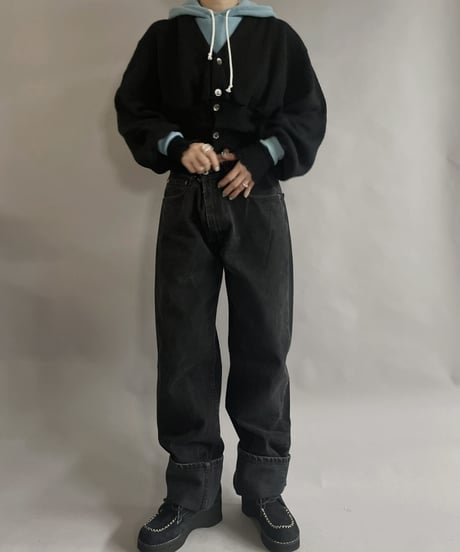 【RE;CIRCLE】 RE Acrylic Knit Cardigan + Hoodie Black × Light Blue / 230220-003