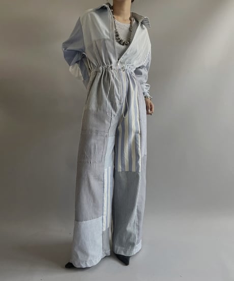 【RE;CIRCLE】 RE Patchwork Strip Shirt Jump Suits/ 230824-009