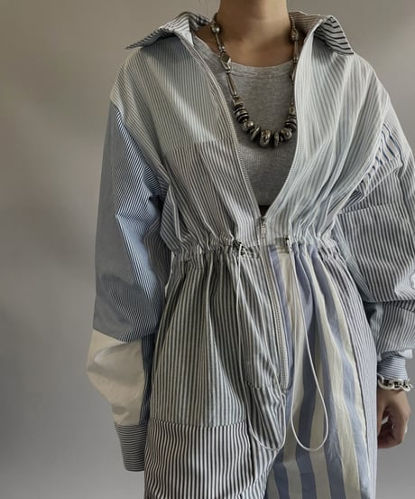 【RE;CIRCLE】 RE Patchwork Strip Shirt Jump Suits/ 230824-009