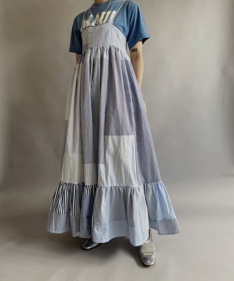 【RE;CIRCLE】 RE Patchwork Strip Shirt One-Piece / 230608-017