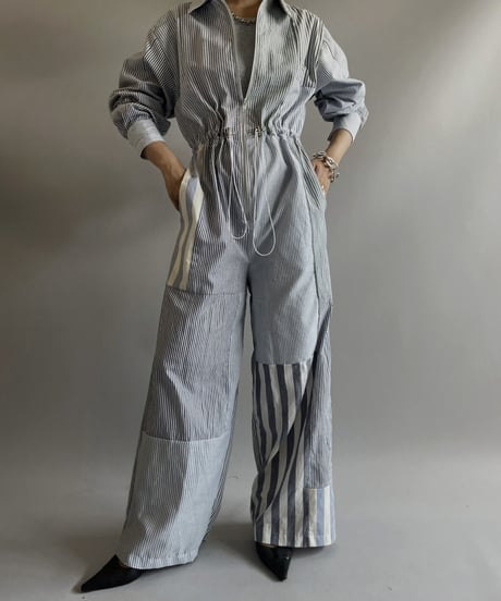【RE;CIRCLE】 RE Patchwork Strip Shirt Jump Suits/ 230824-010