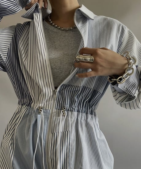 【RE;CIRCLE】 RE Patchwork Strip Shirt Jump Suits/ 230824-011
