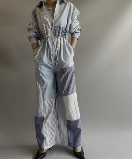 【RE;CIRCLE】 RE Patchwork Strip Shirt Jump Suits/ 230824-011