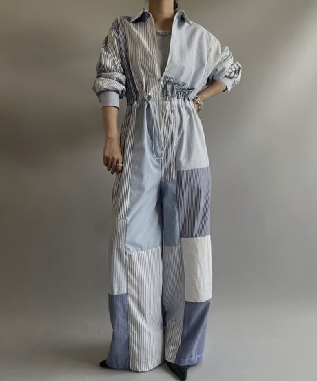 【RE;CIRCLE】 RE Patchwork Strip Shirt Jump Suits/ 230824-011