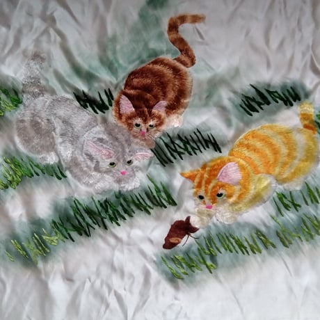 【USED】ネコ 刺繍 シルク布