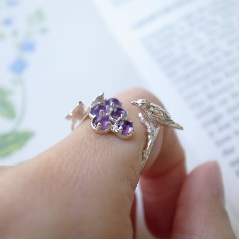 ヒヨドリとぶどうのリング(シルバー)【受注制作 1ヶ月以内に発送