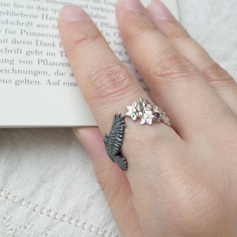 からすとクレマチスのリング（シルバー・アメジスト）【受注制作